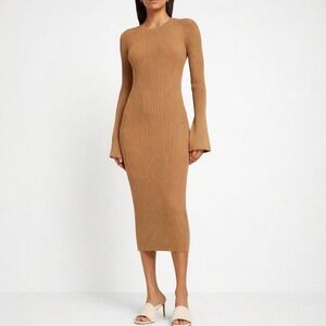 ANINE BING Ribbed Sia Knit Long Sleeve Midi Dress Camel L Stretch Bodycon